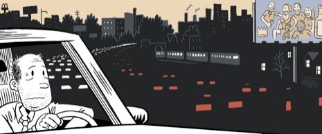 Illustration of a man in a car that is struck in heavy traffic